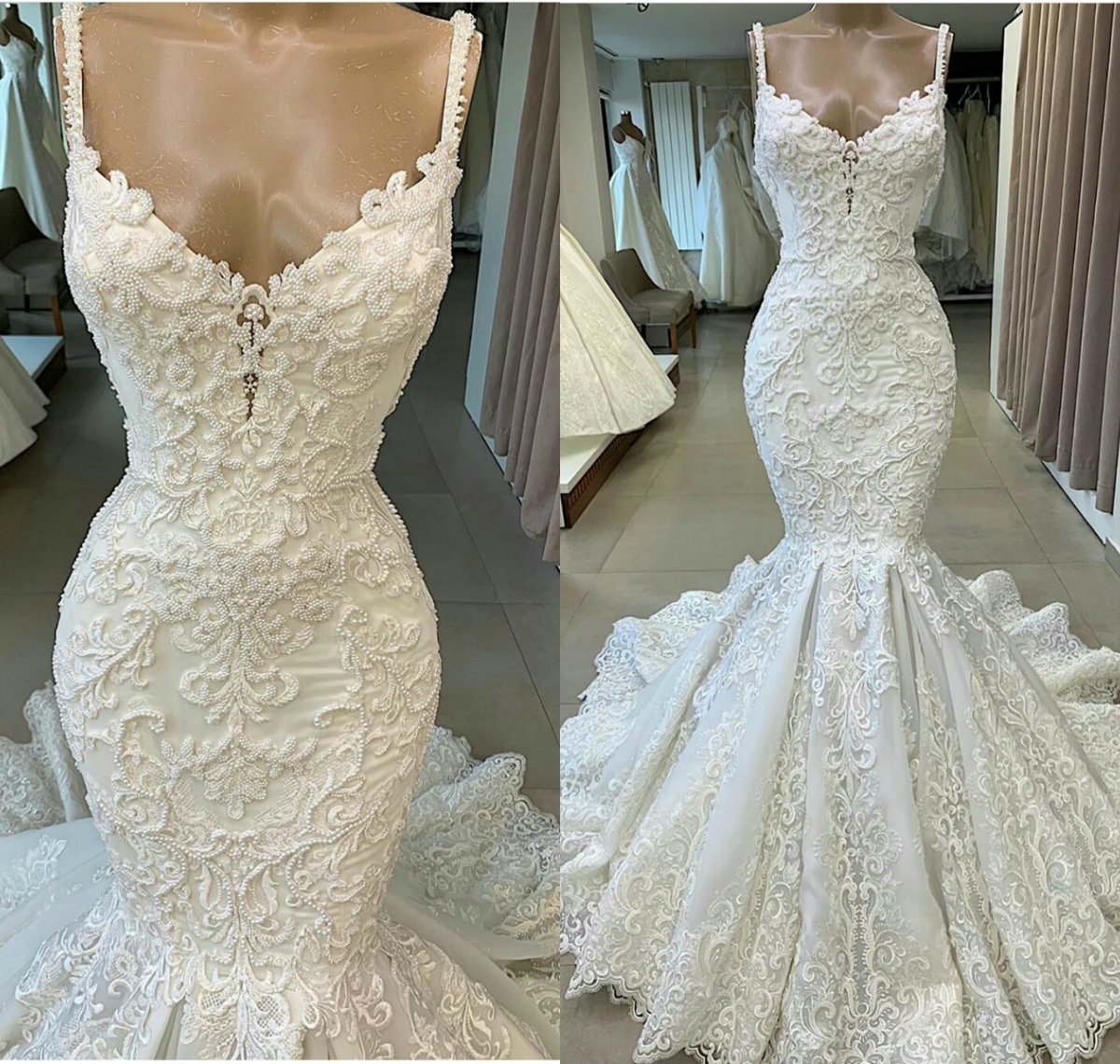 South African Mermaid Wedding Sexy Spaghetti 3D ral Applique Lace Bride Dresses Vestido De Novia Bridal Gown