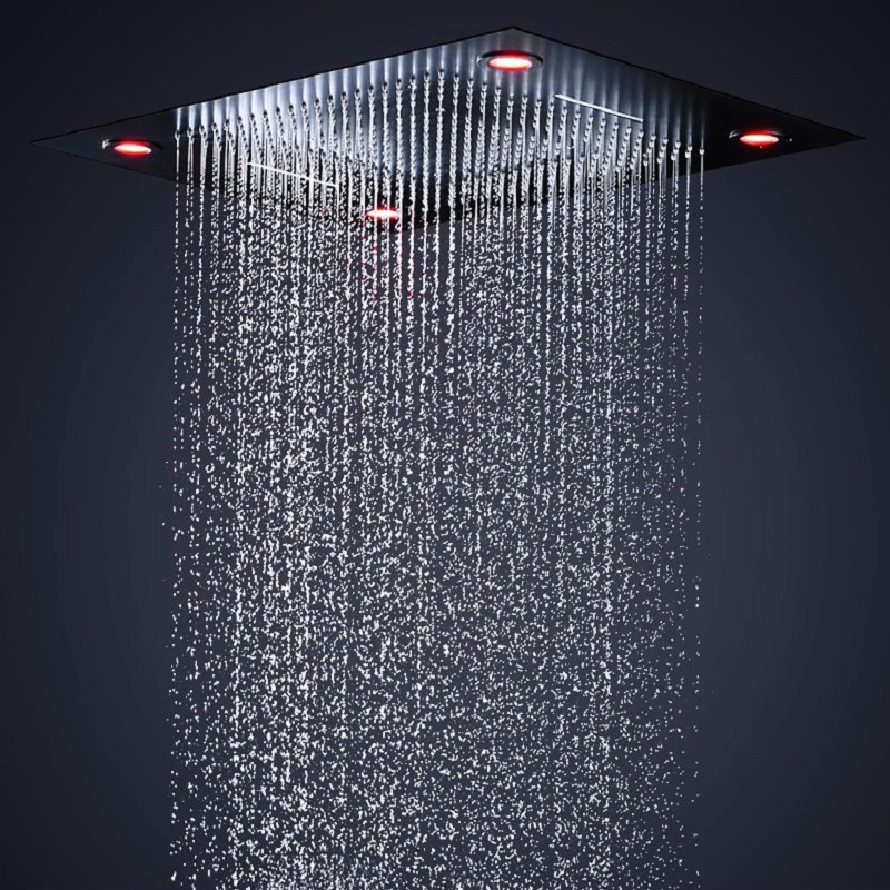 24 Inches Bathroom Black Shower Set Large SUS304 6 Functions Shower Head Systerm Thermostatic Mixer Waterfall Jets Led Ceiling Light