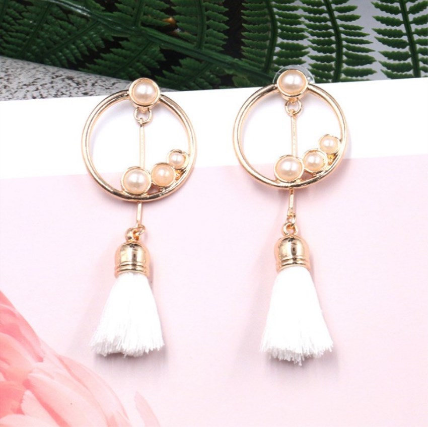 Long fringed earrings round with pearl diamond accessories female dress cocktail wedding earrings