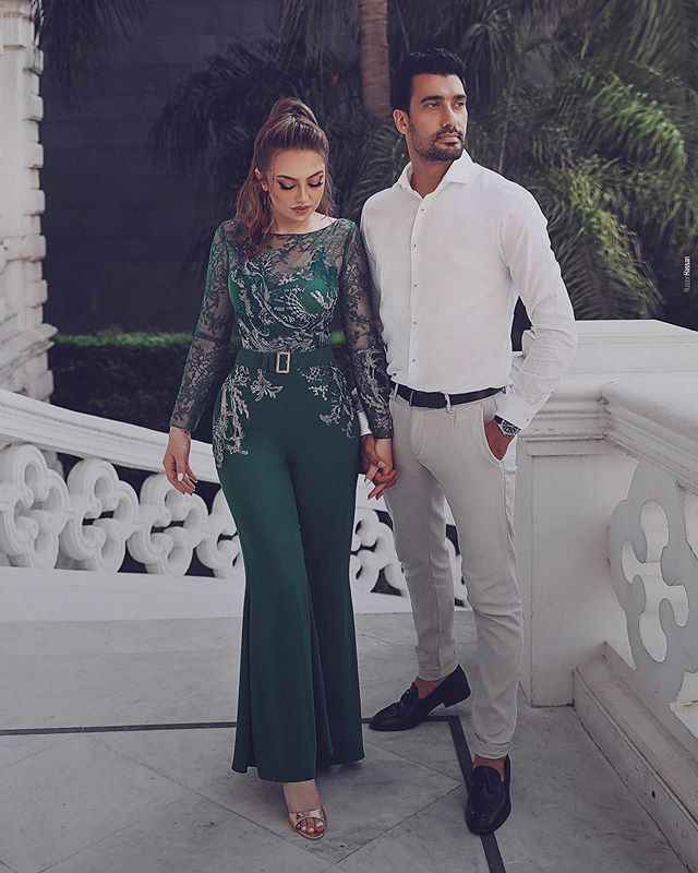 2020 Dark Green Women Jumpsuits Jewel Neck Satin Appliqued Long Sleeve Evening Dresses Party Wear Custom Made Arabic Prom Gowns