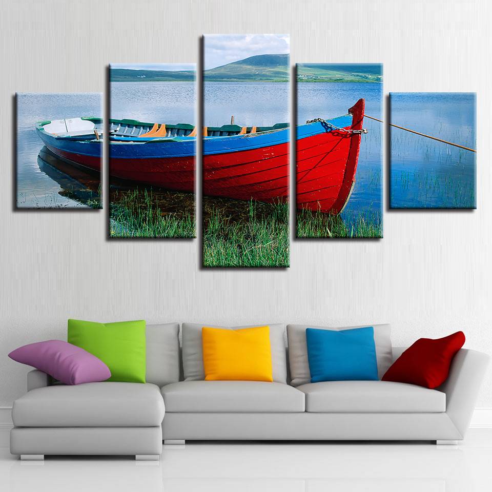 Printing Poster Modular Canvas Pictures Decor Home Living Room 5 Pieces Ship River Mountain Scenery Paintings (No Frame)