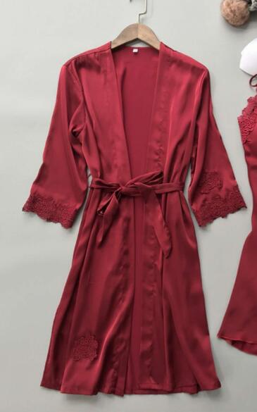Sexy & Gown Sets Lace Bathrobe + Night Dress Sleepwear Womens Sleep Clothing Faux Silk Robe Femme Gerie B1