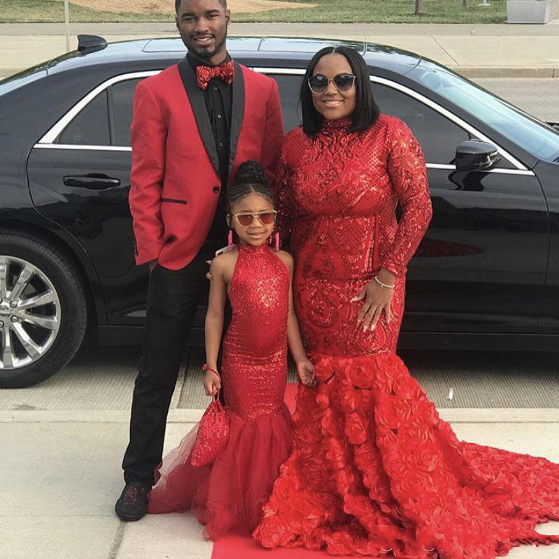 Plus Size Red Mermaid Prom Dresses High Neck Lace Applique Sequins African Grils Evening Gowns Rose Flower Skirts Cocktail Party Dress