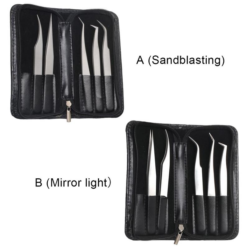 5pcs Stainless Steel Anti-Static Eyelash Tweezers Tool Kit With Leather Case Grafting Eyelash Extension Tweezers Eyebrow Forceps