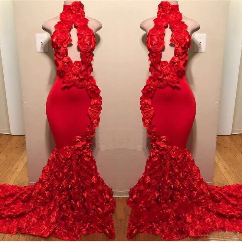 Red Rose Mermaid Prom Dresses New Sexy High Neck Appliques Formal Evening Dresses Sweep Train Cocktail Party Gowns