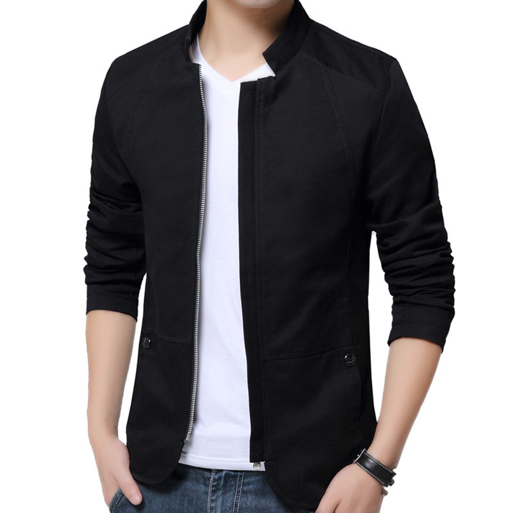 Casual Men Autumn Solid Color Stand Collar Zipper Pockets Thin Slim Blazer Coat Mens Fashion Brand Blazer Jacket For Men