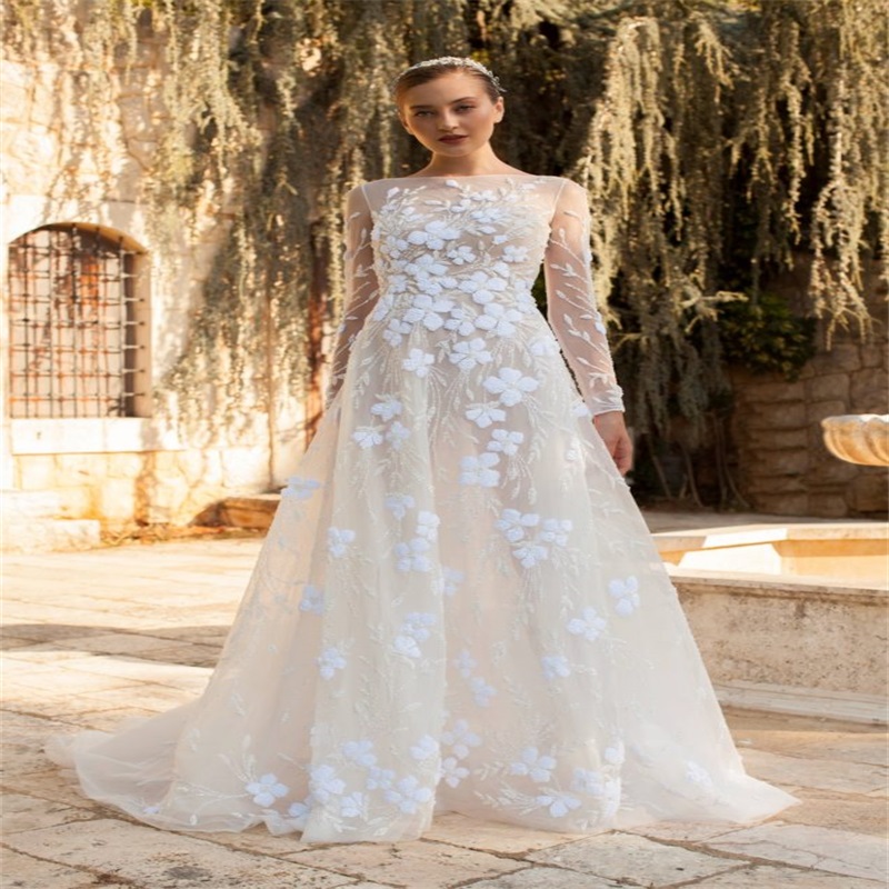 Newest Floral Beach Wedding Dresses Long Sleeves Vestidos De Novia Bridal Gown Appliqued Ruched Tulle Sweep Train Boho Bridal Gown