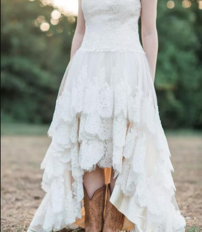Lace High Low Country Wedding Dresses 2020 Plus Size with Tiered Skirt and Lace Up Back Real Bridal Gowns Handmade vestidos de novia