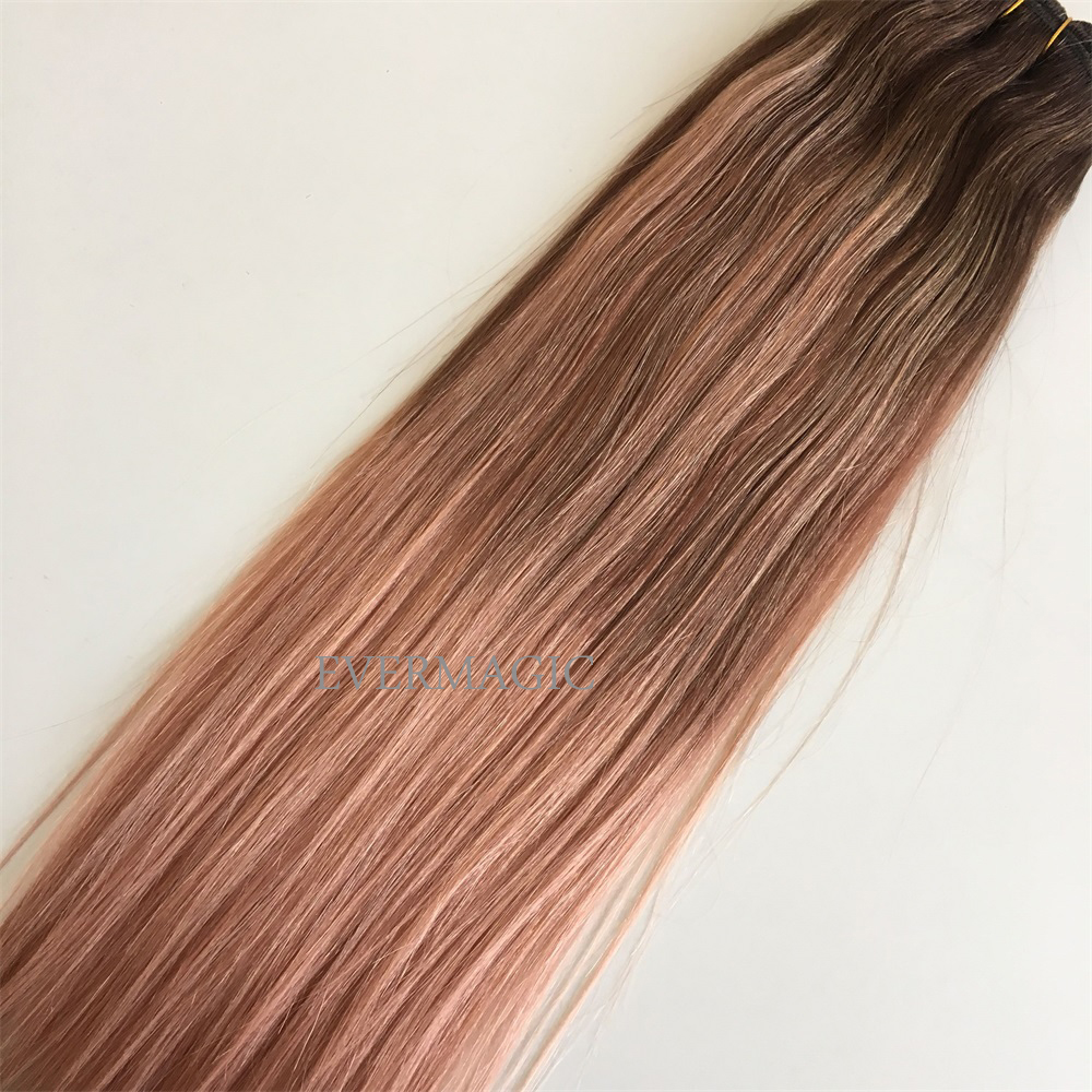 Remy Human Hair Double Weft Hair Extensions Balayage Ombre Color #3 Dark Brown Fading to Rose gold Ombre Color Extensions