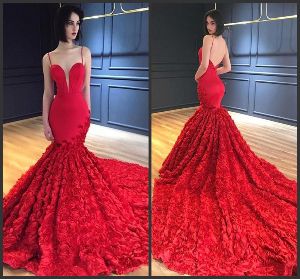 2019 New Red Long Mermaid Prom Dresses Spaghetti Straps 3D Floral Rose Backless Sweep Train Evening Gowns Celebrity Formal Party Dresses