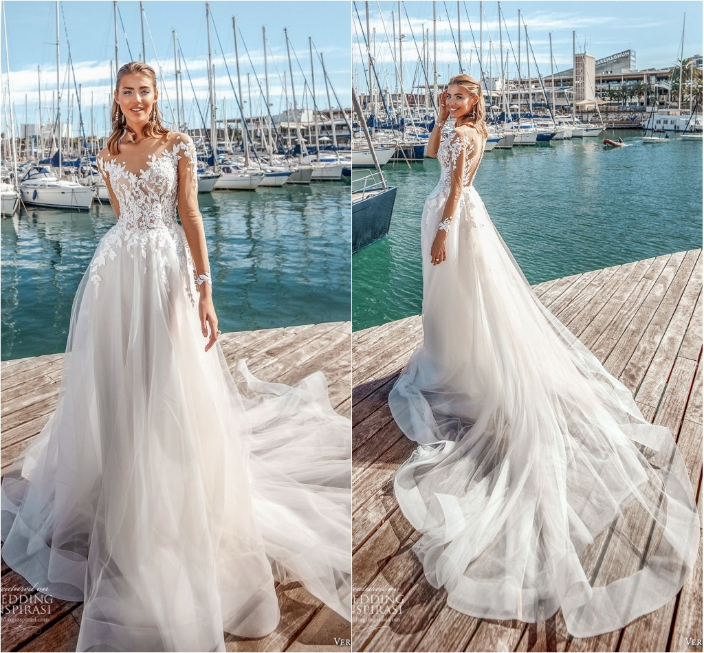 Summer Wedding Dresses Sheer Jewel Neck Lace Appliques Long Sleeve Bridal Gowns See Through Back Sweep Train Wedding Dress Vestios De Novia