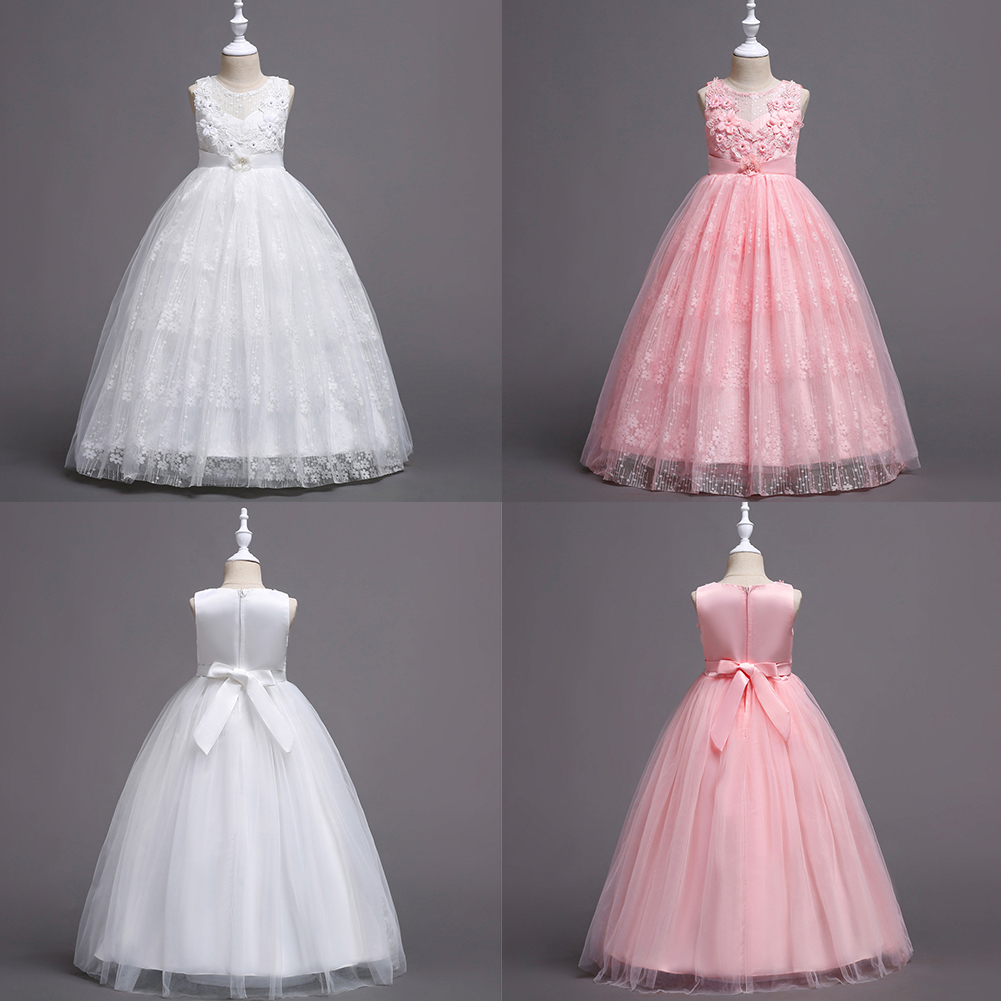 Princess Dress Formal Dress Lace Stitching Sleeveless Bubble Mesh Lace Flower Embroidery Kid