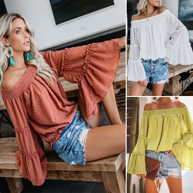 Vintage Women Summer Blouse Fashion Off Shoulder Horn sleeve Sexy Polka Dot S~XL Tops Casual Shirts