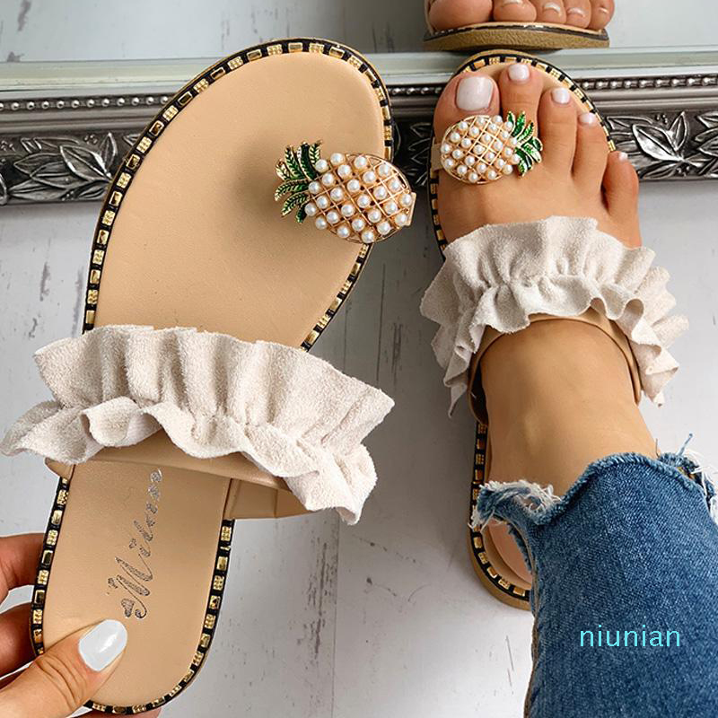 Hot sale-New Slippers Women Shoes Summer Beach Pineapple Flat Slippers Outside Slides Zapatos De Mujer Ladies Shoes String Bead Dropship