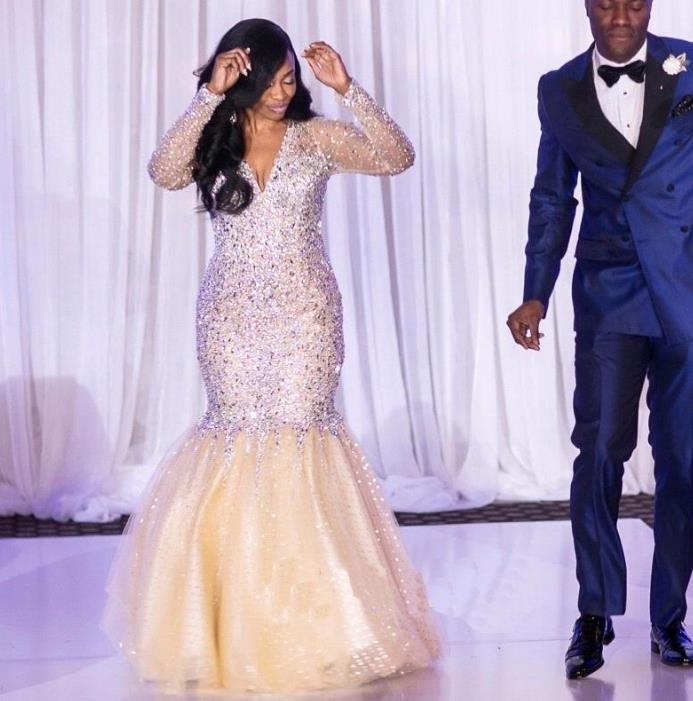 Plus Size Mermaid Prom Dresses V Neck Long Sleeves Crystal Formal Evening Dresses Beaded African Pageant Party Gowns Custom 2019