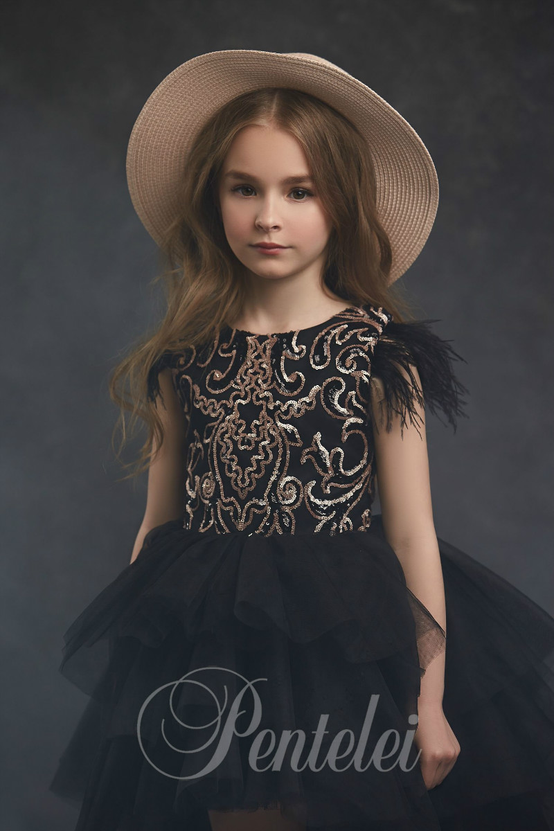 Lovely Ball Gown Flower Girl Dresses Jewel Short Sleeve Tiered Sequins Feather Pageant Dress High Low Girl's Birthday Party