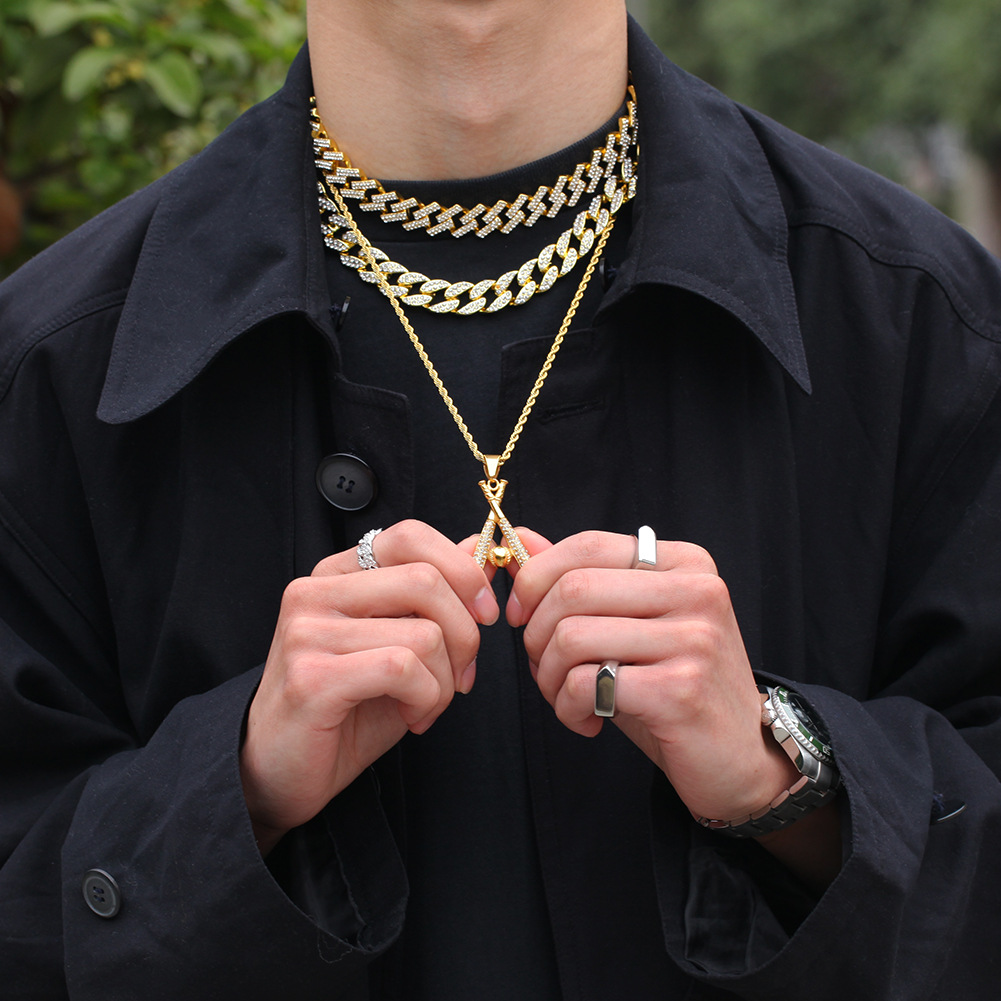 Hip Hop Stainless Steel Baseball Pendant Necklace Sports Fitness Jewelry 18k Real Gold Plated White Zircon