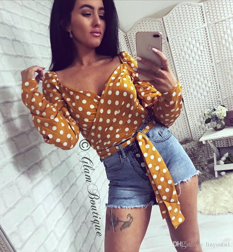 2020 Women Sexy Long Puff Sleeve V-Neck Polka Dot Ruched Blouse Shirt With Belt V-neck wave puff sleeve with belt shirt