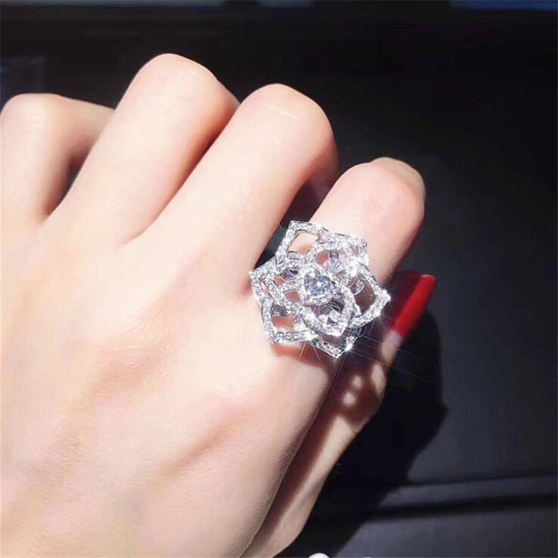 Sparkling Handmade Luxury Jewelry 925 Sterling Silver Round Cut White Topaz CZ Diamond Promise Party Women Wedding Rose Flower Band Ring