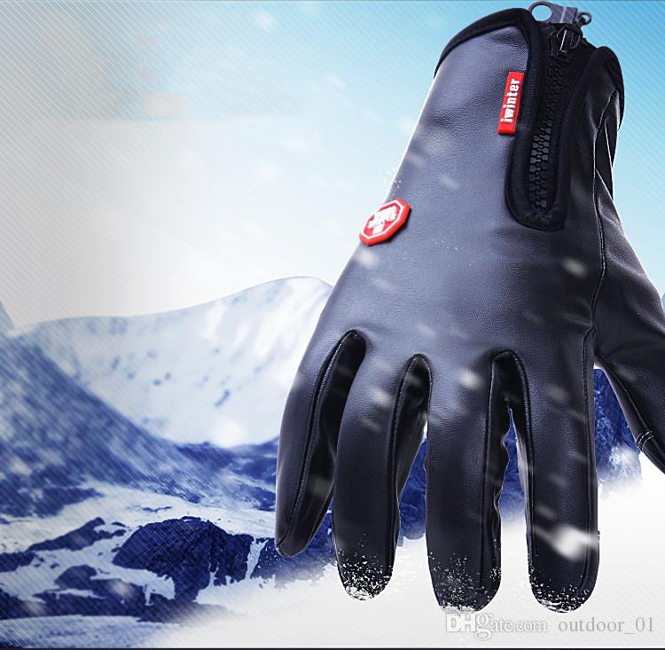 Leather gloves, windproof and waterproof zipper, men's winter touch screen, women's plus velvet, warm riding, snow skiing