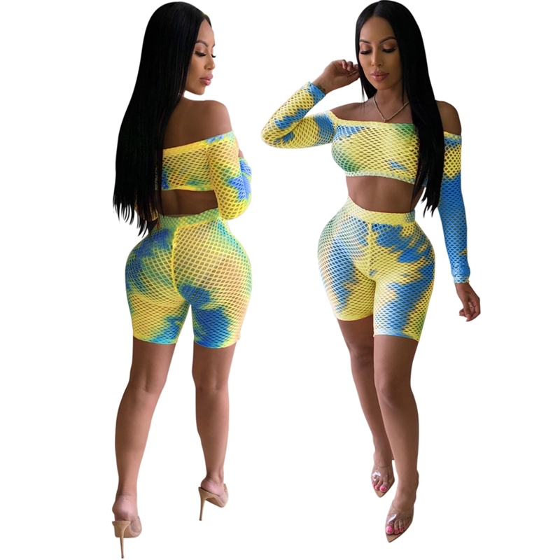 HAOYUAN Sexy Mesh Sheer Fishnet Two Piece Set Women Summer Crop Top and Fishnet Shorts Club Beach Outfits 2 Piece Matching Sets