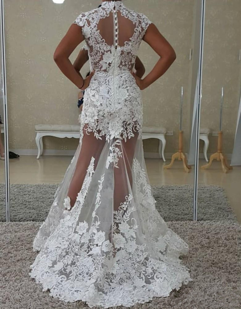 High Neck Sexy Illusion Lace Applique Mermiad Prom Dresses Cap Sleeve Dress Evening Wear Vintage Tulle Formal Party Gowns