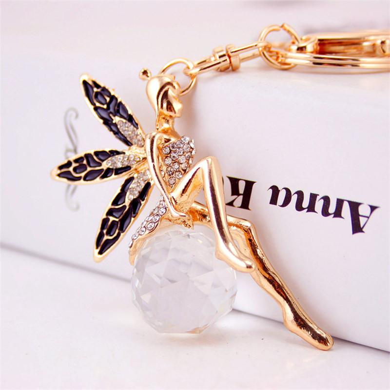 Keychain Enamel Alloy Rhinestone Fairy Tale Angel Wings Girl Crystal Ball Pendant Car Key Chains Gold Tone Lobster Clasp Key Ring 3pcs