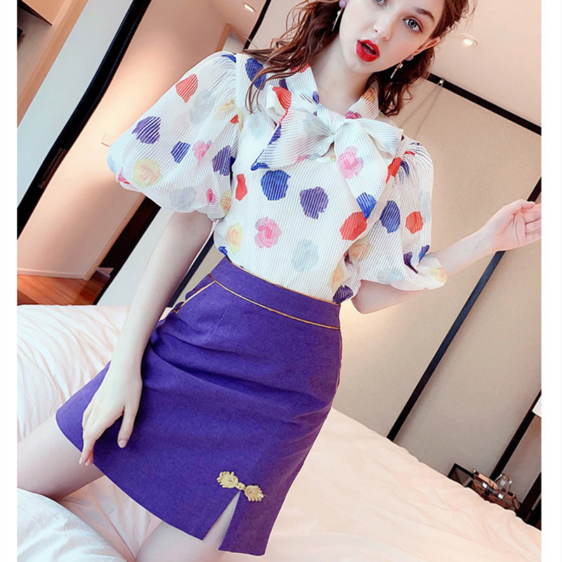 Spring Summer Women Colorful Polka Print Short Lantern Sleeve Blouses Big Bows Tops Clothing Set And Cut Skirt Suits Set NS995, Multi
Spring Summer Women Colorful Polka Print Short Lantern Sleeve Blouses Big Bows Tops Clothing Set And Cut Skirt Suits Set NS995, Multi
