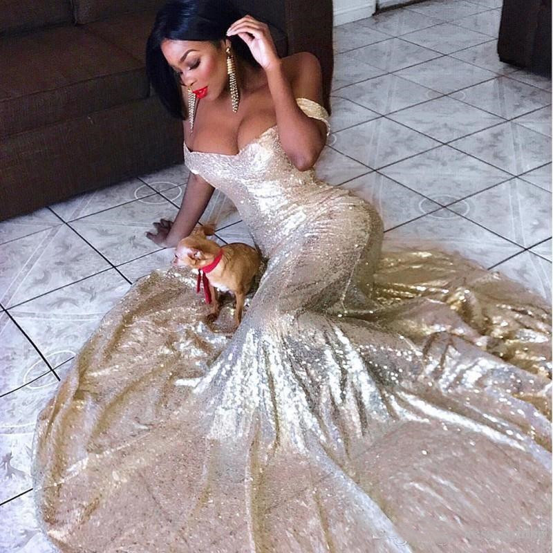 Gold Sequined Sweep Train Off The Shoulder Arabic Formal Evening Party Dresses Prom Graduation Gowns Vestido De Festa 2019 0510