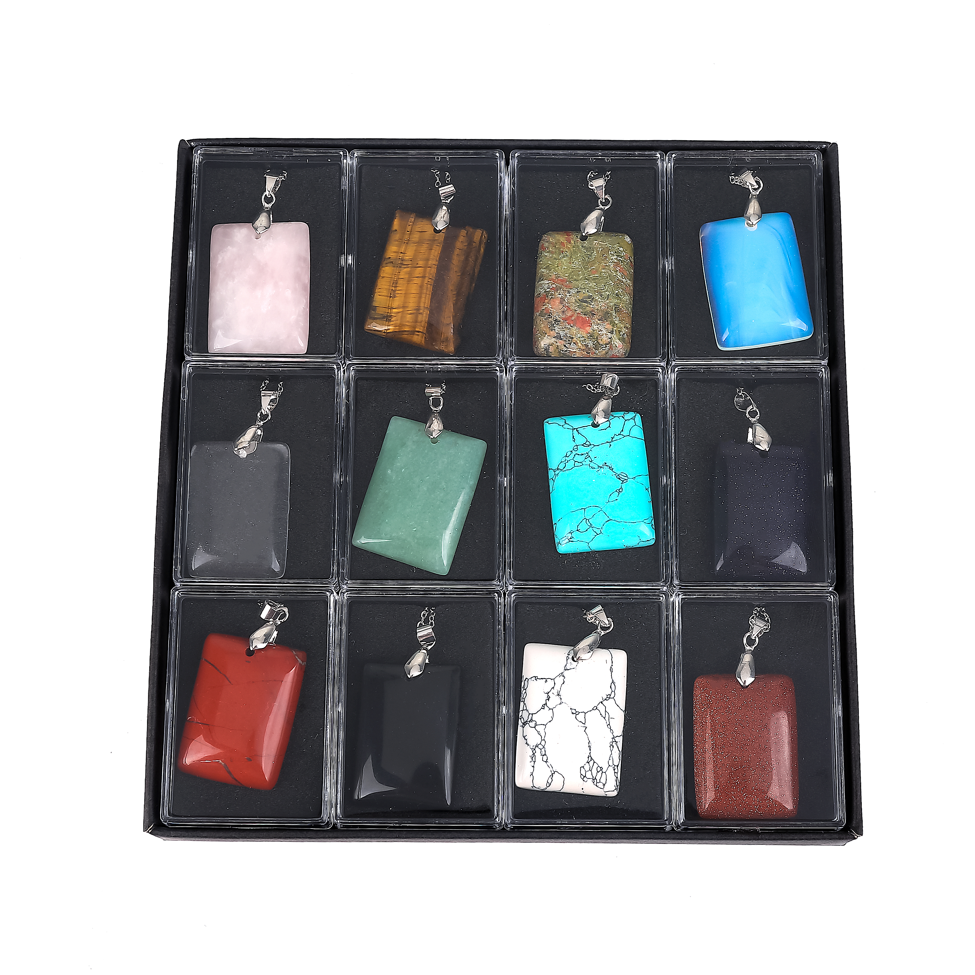 12 Pieces Rectangular Pendant Men and Women Mixed Necklace Stainless Steel Gift Box Packaging Jewelry Set