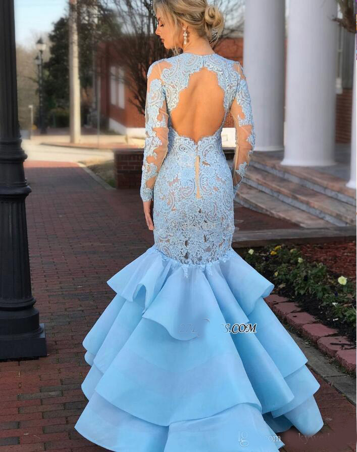 2020 Modest Lace Prom Dresses with Ruffles Skirt Long Sleeve Sheer Jewel Neck Open Back Mermaid Pageant Fishtail Sky Blue Evening Gowns