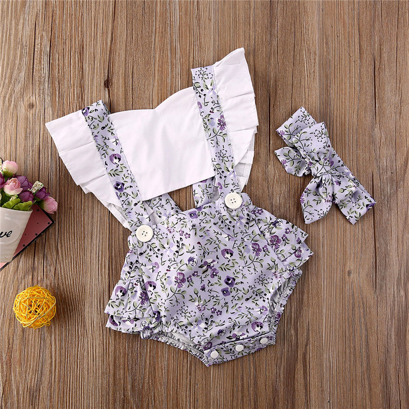 Newborn Baby Girl Clothes Polka Dot Print Flower Sleeve Romper Jumpsuit Headband 3pcs Outfits Sunsuit Summer Baby Girls Set