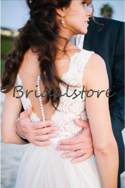 Fashion Top Lace beach wedding dresses grecian Illusion Neckline Flowy Tulle Vintage Boho Bridal Gowns Cheap button back reception Dress