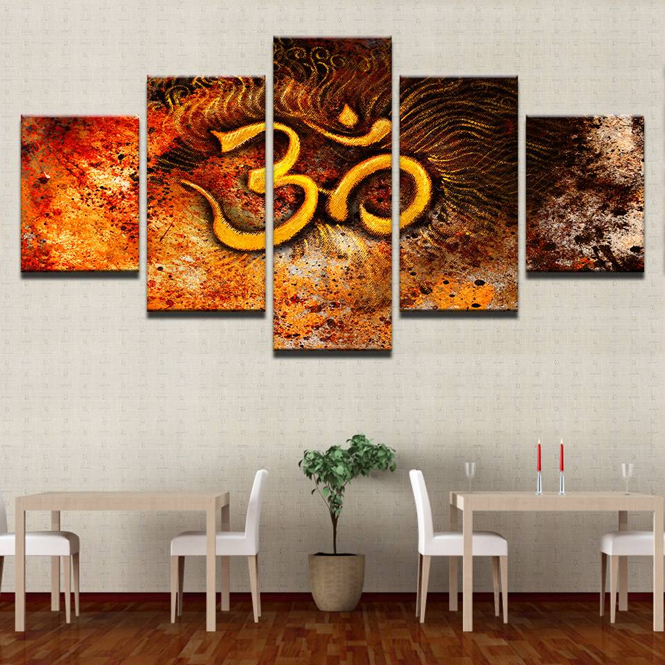 Canvas HD Prints Paintings 5 Pieces Golden Mystical OM Symbol Pictures Wall Art India Om Abstract Posters Home Decor(No Frame)