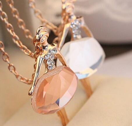 Fashion- Sweater Necklace Girls Boho Bijoux Gold Plated Crystal Ballet Girl Statement Necklaces Pendants For Women Wedding Christmas Gift