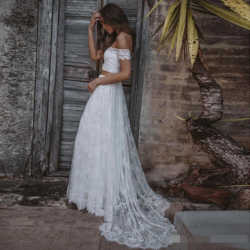 Two Piece Dresses Elegant Off Shoulder Cap Sleeves Lace Applique Floor Length Custom Made Boho Beach Wedding Gown