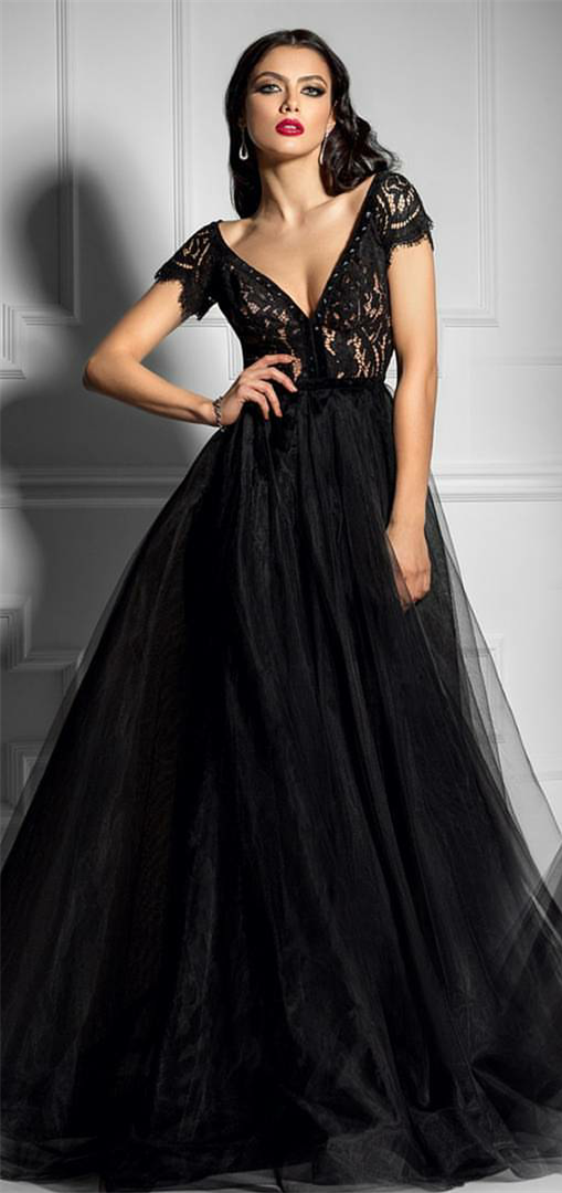 Vestido Black 2019 Prom Dresses Bien Savvy Illusion Lace Short Sleeves Plus Size Party Gowns Special Occasion Dress Evening Dresses