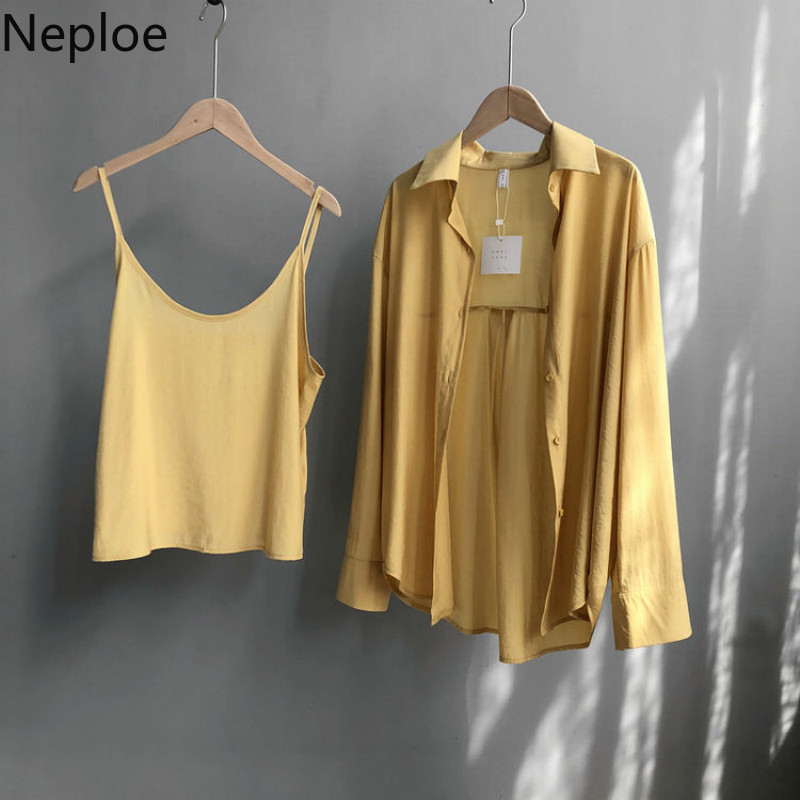 Neploe Korean Causal Blouse 2 Pieces Sets Long Sleeve Turn Down Collar Blusas Shirt + Basic Sling Vest 2020 Summer Suits 4C801, White
Neploe Korean Causal Blouse 2 Pieces Sets Long Sleeve Turn Down Collar Blusas Shirt + Basic Sling Vest 2020 Summer Suits 4C801, White