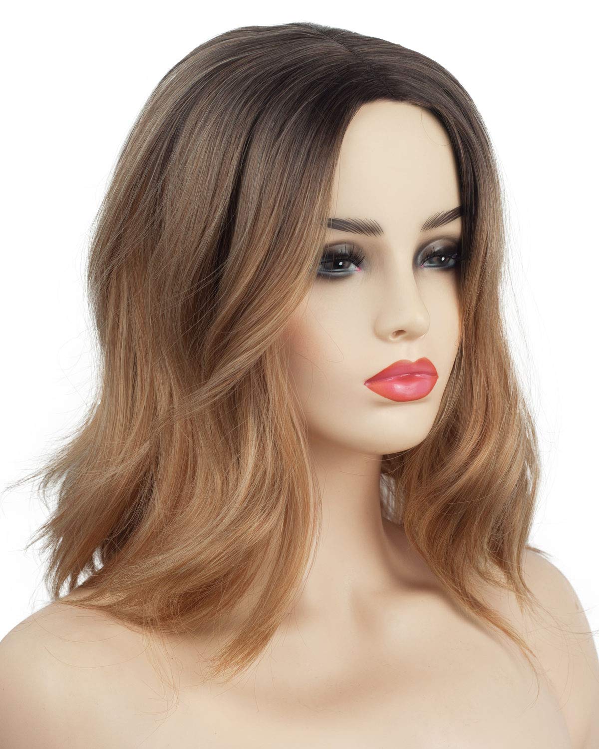 Pretty Charming Dark Brown Short Natural Casual Wavy loose wave Side bangs hair wigs for black women 14 Inches (Dark Brown-643)