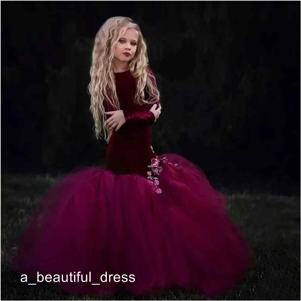 Burgundy Mermaid Velvet Girls' Pageant Dresses Ribbon Ruffle Sash Hand Made Flower Girls Dresses Long Sleeves Kids Formal Wea FG1318