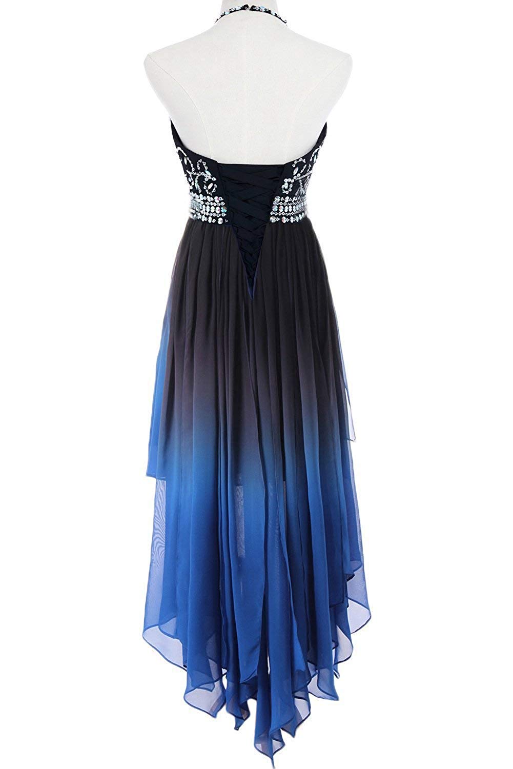 Sexy Ombre Halter Crystals Prom Dresses Hi-Lo Gradient Backless Chiffon Homecoming Gown Cocktail Evening Party Gowns QC1333