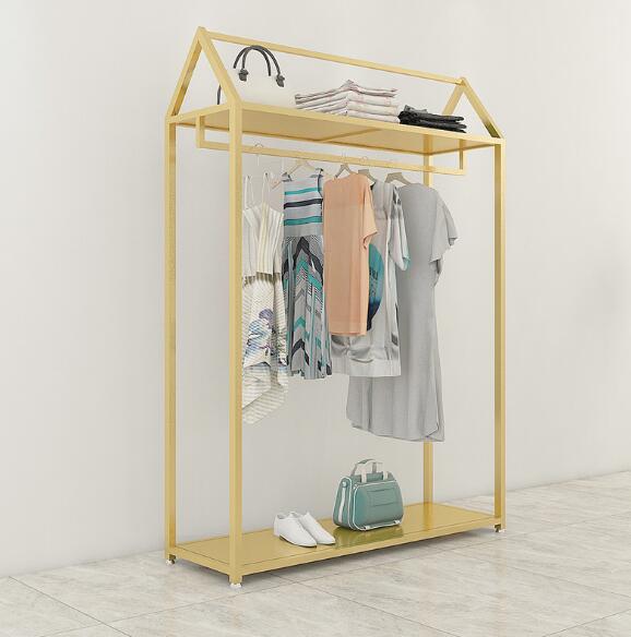 Iron retro clothing store display racks gold men's and women's clothes rack hanging clothes rack display rack European floor type clothes ra