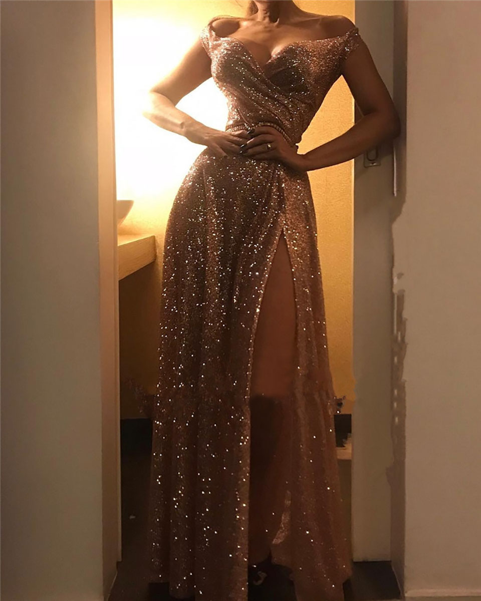 Glittering Sequin Slit Long Evening Dress Sexy Off The Shoulder Cap Sleeve Golden Prom Gowns Vestido De Festa
