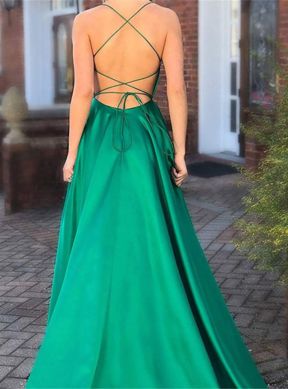 Sexy Criss-Cross Back Long Prom Dresses Candy Color Strapless Satin Prom Gowns Spaghetti Strap Slit Evening Party Dresses