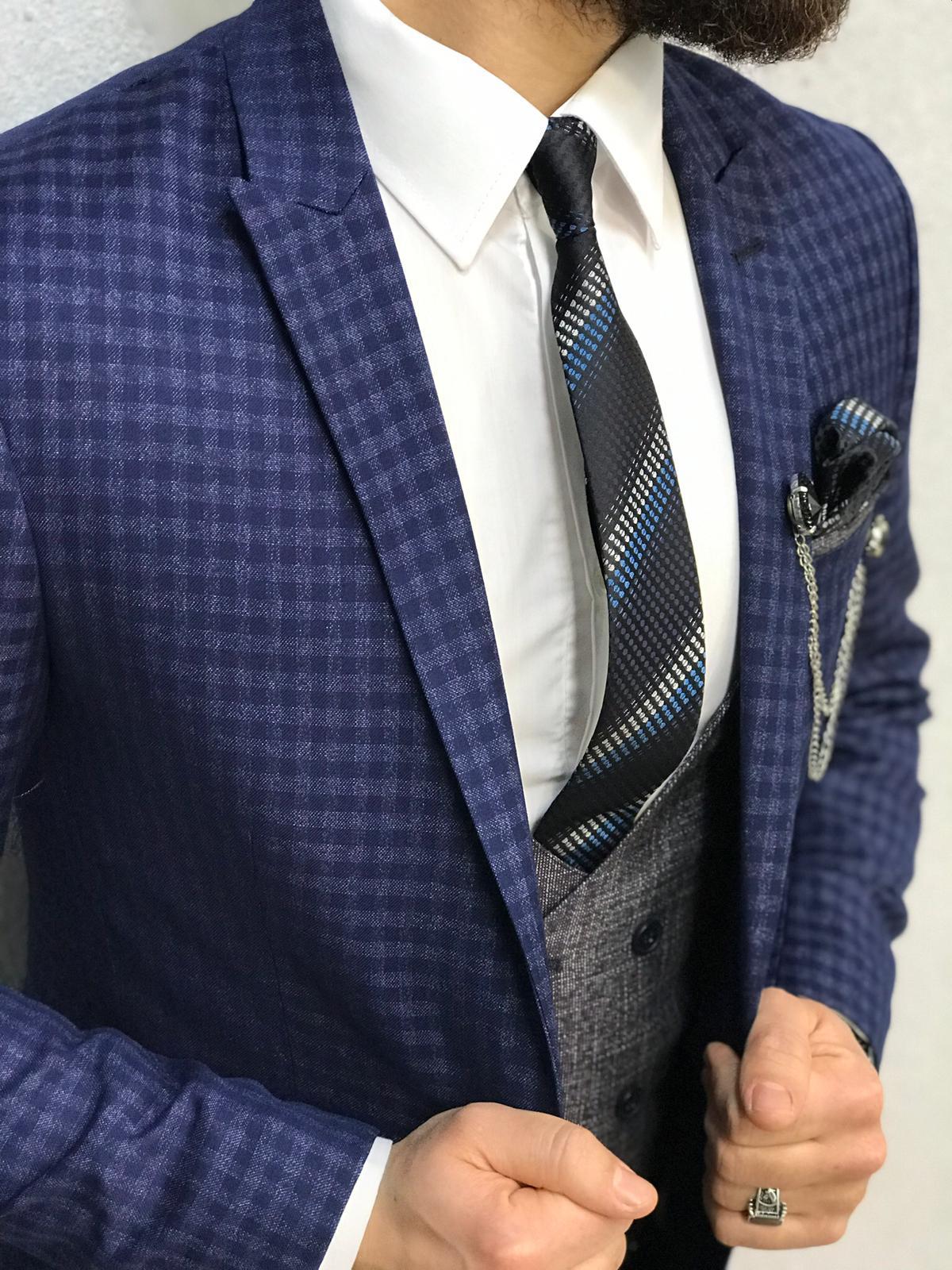 Navy Blue Plaid Groom Wedding Tuxedos Slim Fit 3 Pieces Notched Lapel Mens Pants Suits High Quality Designer Jackets