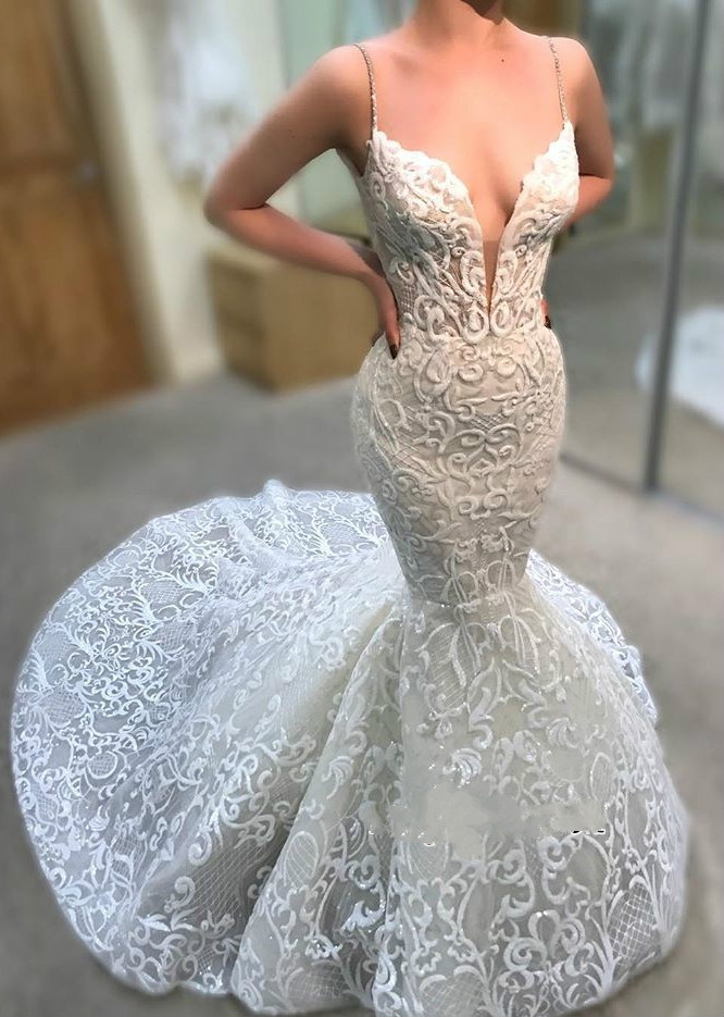 2019 Sexy Mermaid Wedding Dresses Spaghetti Beads Lace Appliqued Sweep Train Beach Boho Wedding Dress Custom Plus Size Beach Bridal Gowns