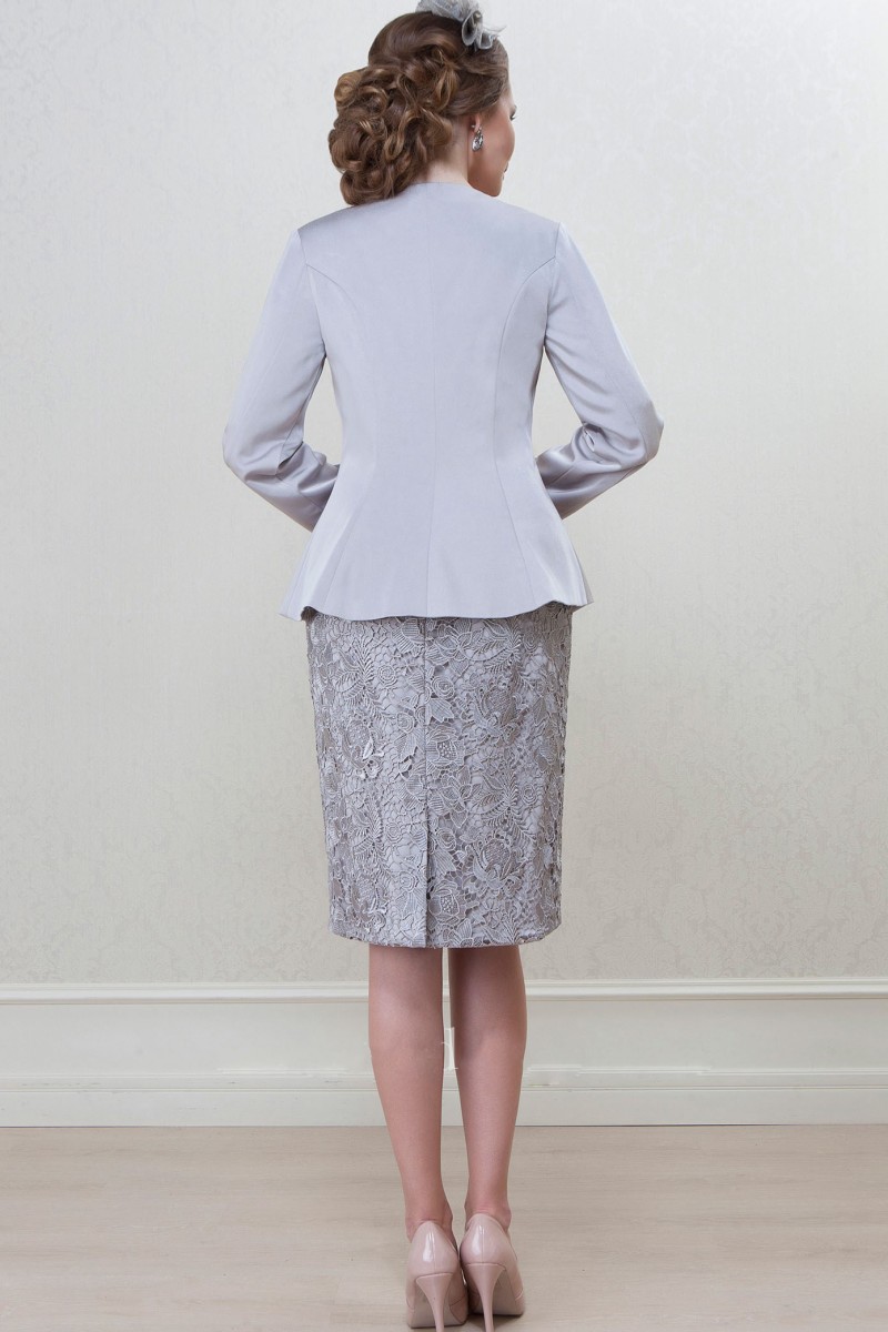 silver mother of the bride dresses with jacket lace appliqued groom mothers dress satin cheap knee length wedding guest formal gowns