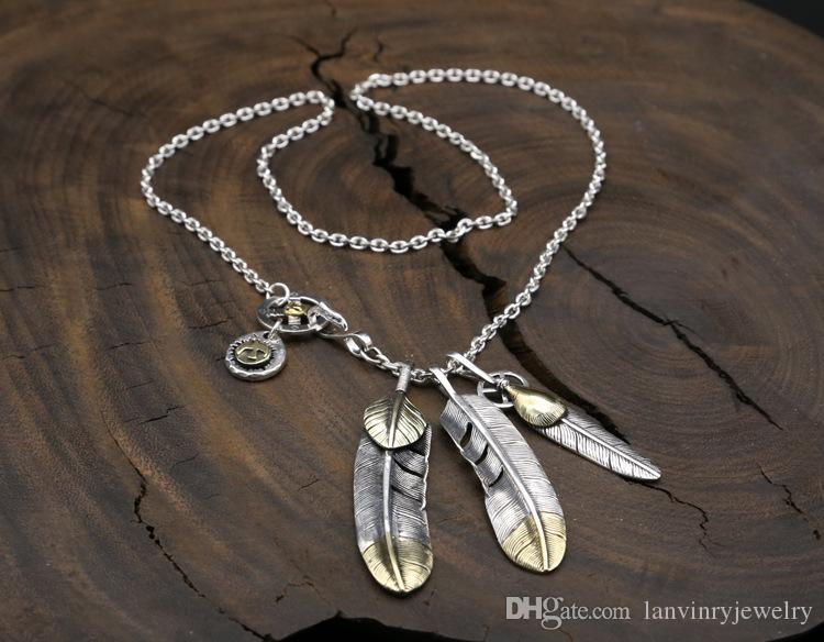 Brand new 925 sterling silver vintage jewelry antique silver hand-made designer eagle sign and feather pendant punk necklace for men women