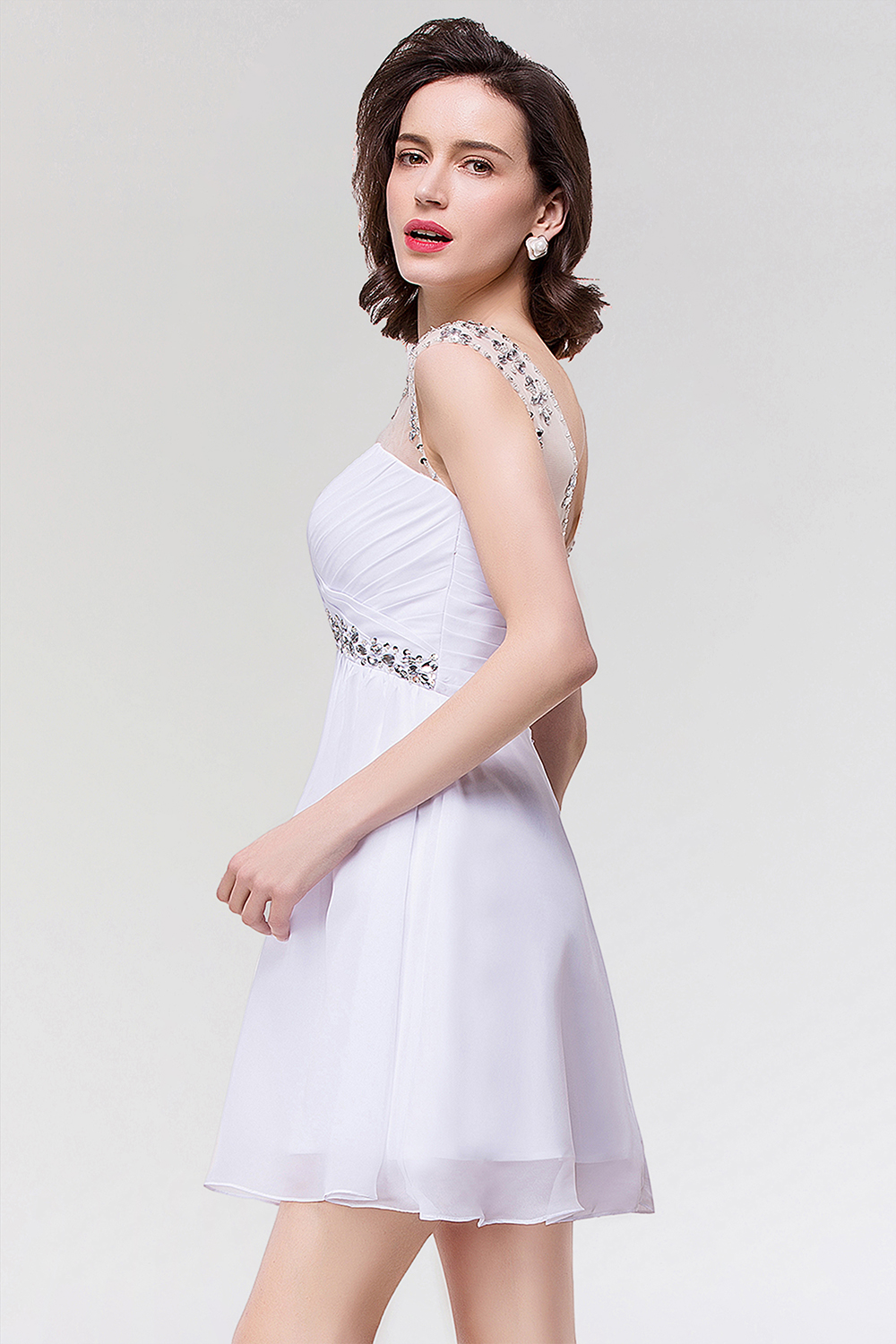 Rhinestones Beaded Short Homecoming Dresses Sheer Crew Neck Chiffon Backless Mini Cocktail Party Gown Formal Prom Wear CPS094