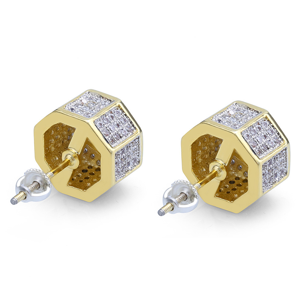 Shining White Zircon Hip Hop Octagon Stud Earrings Screw Back Gold Plated Earrings Vintage Geometric Jewelry